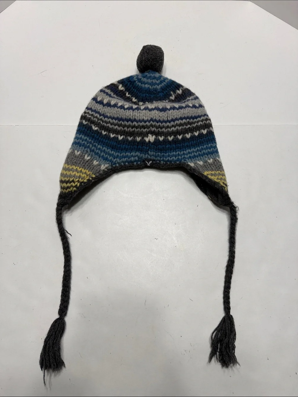 American Eagle Outfitters Blue, Gray, White & Yellow Striped Knit Earflap Hat